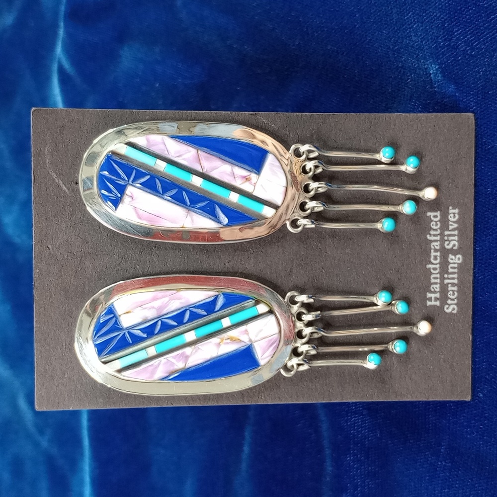 Vintage Native American Multi Stone On Sterling Silver Dangle Earrings Post - Picture 4 of 16
